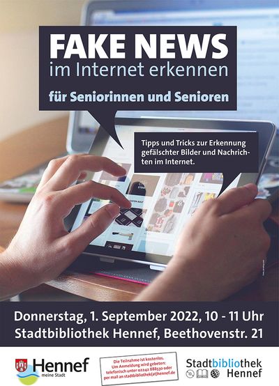Am 1. September bietet die Stadtbibliothek Hennef den Workshop „Fake News im Internet erkennen“ für Seniorinnen und Senioren an. 