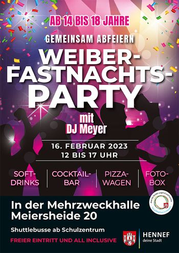 Plakat Weiberfastnachtsparty in der Halle Meiersheide.