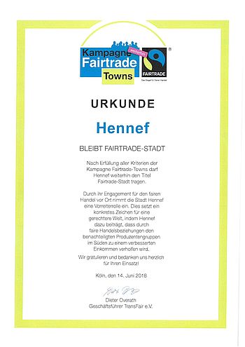 Der Stadt Hennef ist nun wieder für zwei weitere Jahre der Titel Fair-Trade-Town verliehen worden.