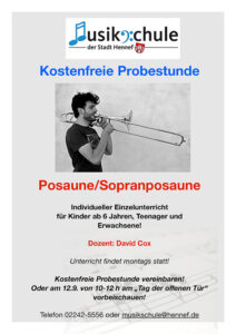 Die Musikschule der Stadt Hennef bietet nach den Sommerferien eine kostenfreie Probestunde für Posaune und Sopranposaune an