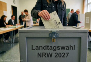 Symbolbild zur Landtagswahl: Frau wirft Wahlschein in die Wahlurne )KI-generiert)