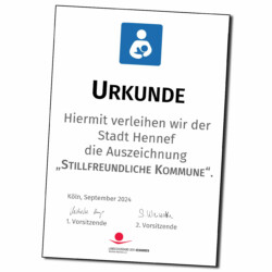 Urkunde zur Verleihung der Auszeichnung Stillfreundliche Kommune an Hennef